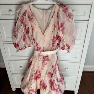 Zimmermann Blush Pink Floral Mini Dress with Puff Sleeves